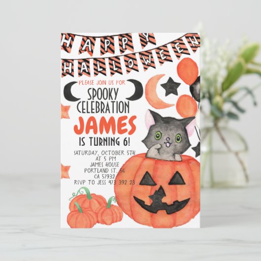 Halloween nodig Cat Pumpkin Birthday Uitnodiging  (Staand voorkant)