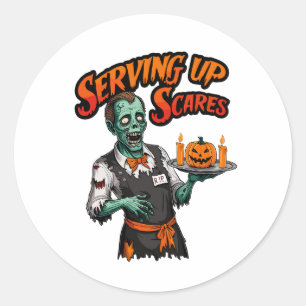 Halloween ober serveert angsten op ronde sticker