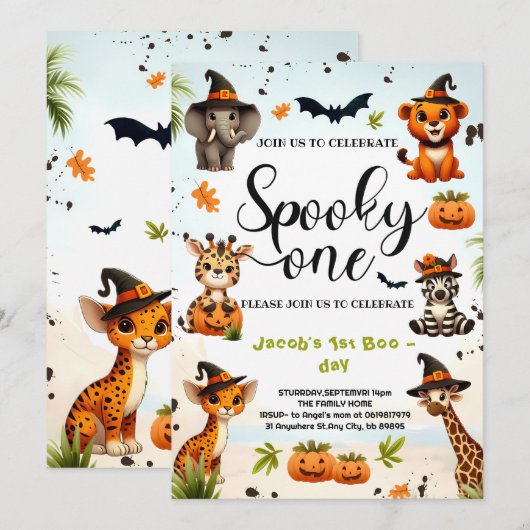 Halloween Oerwoud Safari Animals Boy 1st Birthday Kaart (Voorkant / Achterkant)