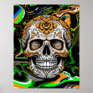 Halloween of Día de Muertos Sugar Skull Fluid Art Poster