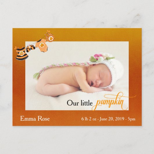 Halloween oktober Pumpkin Geboorteaankondiging Briefkaart (Voorkant)