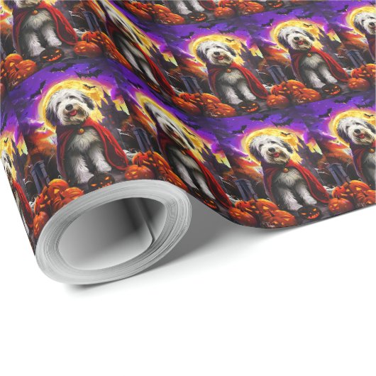 Halloween Old English Sheepdog Vampire Pumpkins Cadeaupapier (Rol Hoek)