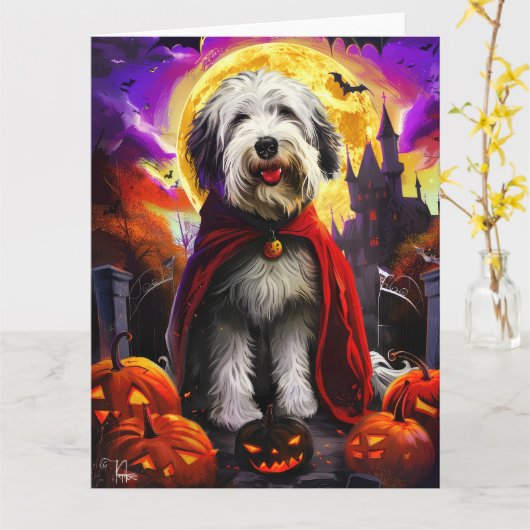 Halloween Old English Sheepdog Vampire Pumpkins Kaart (Gele Bloem)
