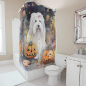 Halloween Old English Sheepdog with Pumpkins Scary Douchegordijn (In situ)