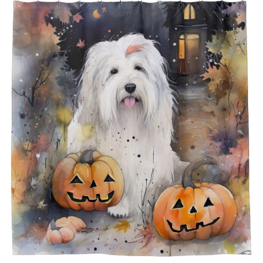 Halloween Old English Sheepdog with Pumpkins Scary Douchegordijn (Voorkant)
