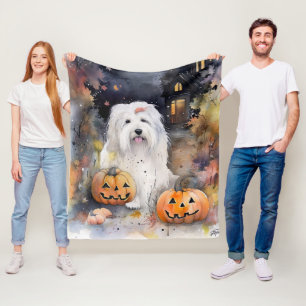 Halloween Old English Sheepdog with Pumpkins Scary Fleece Deken