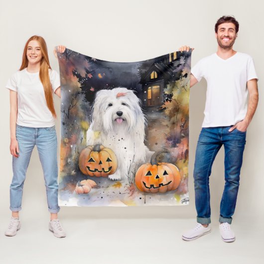 Halloween Old English Sheepdog with Pumpkins Scary Fleece Deken (In situ)