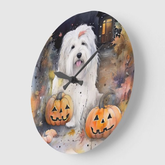 Halloween Old English Sheepdog with Pumpkins Scary Grote Klok (Hoek)