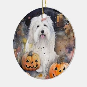 Halloween Old English Sheepdog with Pumpkins Scary Keramisch Ornament