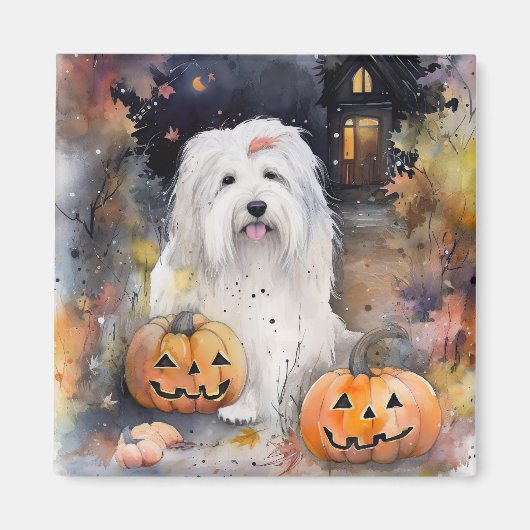 Halloween Old English Sheepdog with Pumpkins Scary Magneet (Voorkant)