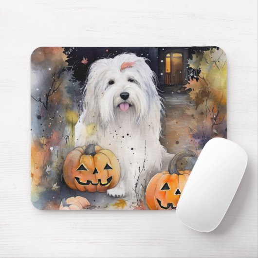Halloween Old English Sheepdog with Pumpkins Scary Muismat (Met muis)