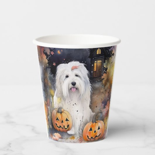 Halloween Old English Sheepdog with Pumpkins Scary Papieren Bekers (Voorkant)