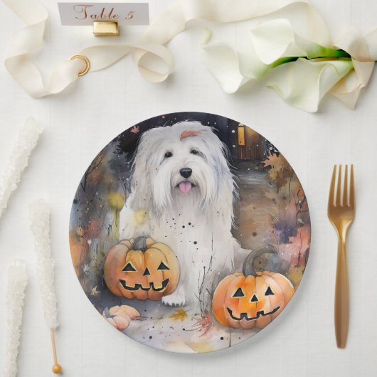 Halloween Old English Sheepdog with Pumpkins Scary Papieren Bordje (Huwelijk)
