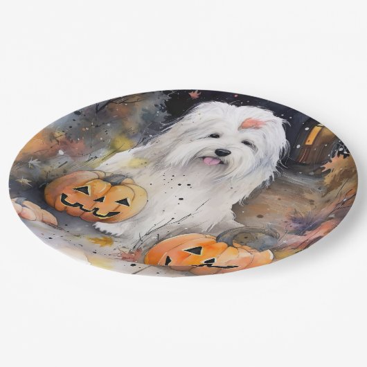 Halloween Old English Sheepdog with Pumpkins Scary Papieren Bordje (Gekanteld)