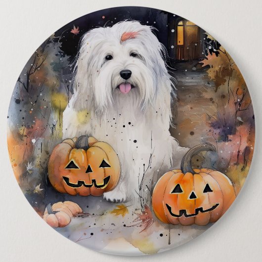 Halloween Old English Sheepdog with Pumpkins Scary Ronde Button 6,0 Cm (Voorkant)