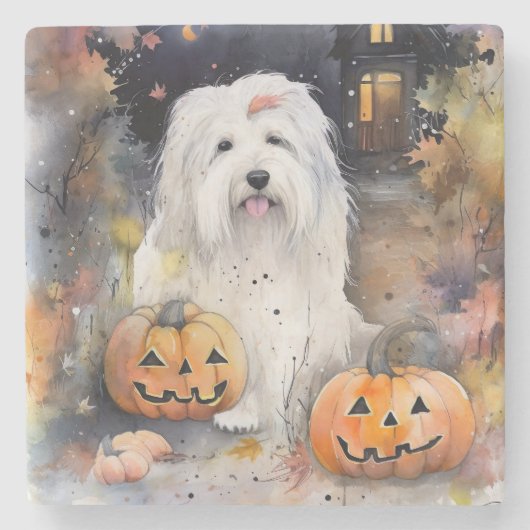 Halloween Old English Sheepdog with Pumpkins Scary Stenen Onderzetter (Voorkant)