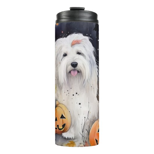 Halloween Old English Sheepdog with Pumpkins Scary Thermosbeker (Voorkant)