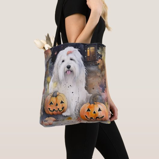 Halloween Old English Sheepdog with Pumpkins Scary Tote Bag (Dichtbij)
