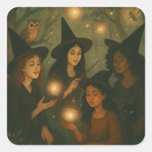Halloween olieverfschilderij van heksen in het Bos Vierkante Sticker