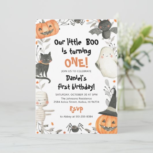 Halloween Ons kleine Boo Birthday-feest uitnodigin Kaart (Staand voorkant)