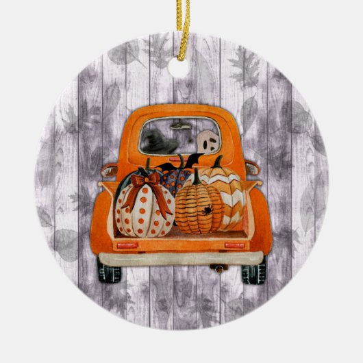 Halloween oogst oranje bestelwagen met pompoen keramisch ornament (Voorkant)
