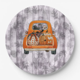 Halloween oogst oranje bestelwagen met pompoen papieren bordje
