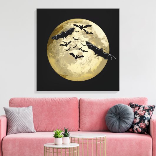 Halloween Oogst Volle Maan en Nachtvlucht Vleermui Canvas Afdruk (Insitu (Woonkamer))
