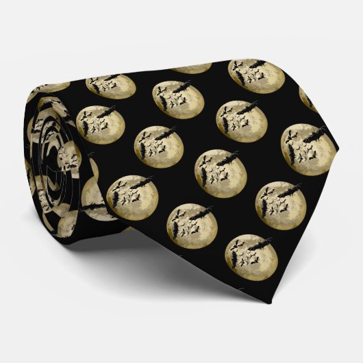 Halloween Oogst Volle Maan en Nachtvlucht Vleermui Stropdas (Opgerold)