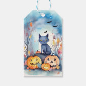 Halloween Oosterse Blauwe Kat Met Pompoenen Grieze Cadeaulabel (Voorkant)