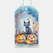Halloween Oosterse Blauwe Kat Met Pompoenen Grieze Cadeaulabel (Achterkant)