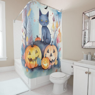 Halloween Oosterse Blauwe Kat Met Pompoenen Grieze Douchegordijn
