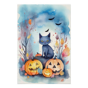 Halloween Oosterse Blauwe Kat Met Pompoenen Grieze Perfect Poster