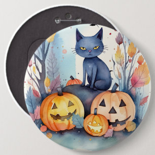 Halloween Oosterse Blauwe Kat Met Pompoenen Grieze Ronde Button 6,0 Cm
