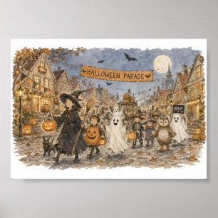 Halloween-optocht nacht scène illustratie poster