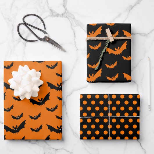 Halloween Oranje Black Bat & Polka Dot Kind Party Inpakpapier Vel (Voorkant)