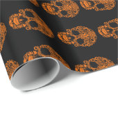 Halloween Oranje en Black Retro Floral Skull Cadeaupapier (Rol Hoek)