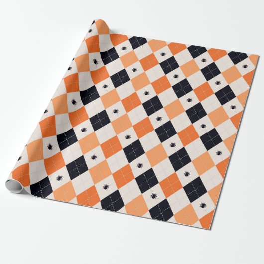 Halloween Oranje en Black Spider Argyle Pattern Cadeaupapier (Uitgerold)
