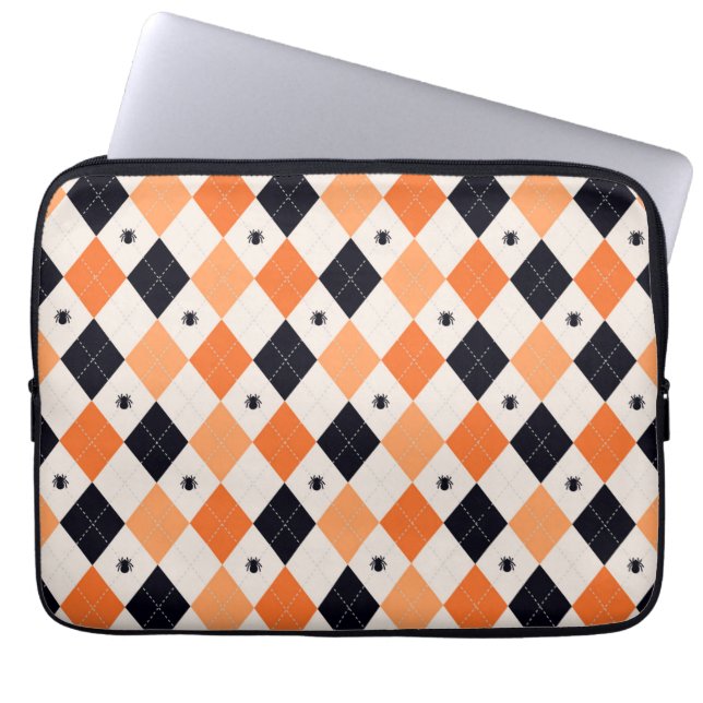 Halloween Oranje en Black Spider Argyle Pattern Laptop Sleeve (Voorkant)