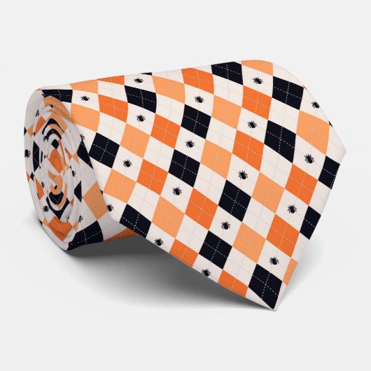 Halloween Oranje en Black Spider Argyle Pattern Stropdas (Opgerold)