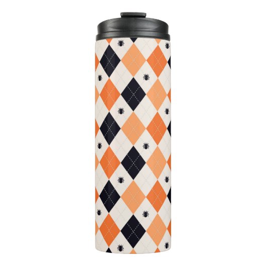 Halloween Oranje en Black Spider Argyle Pattern Thermosbeker (Voorkant)