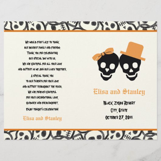 Halloween oranje- en zwarte-schedel-trouwprogramma (Voorkant)