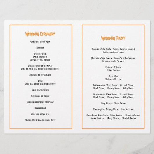 Halloween oranje- en zwarte-schedel-trouwprogramma (Achterkant)