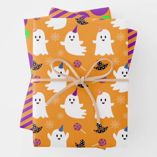 Halloween Oranje Ghost Cute Stripes Stippen Kind Inpakpapier Vel (In situ)