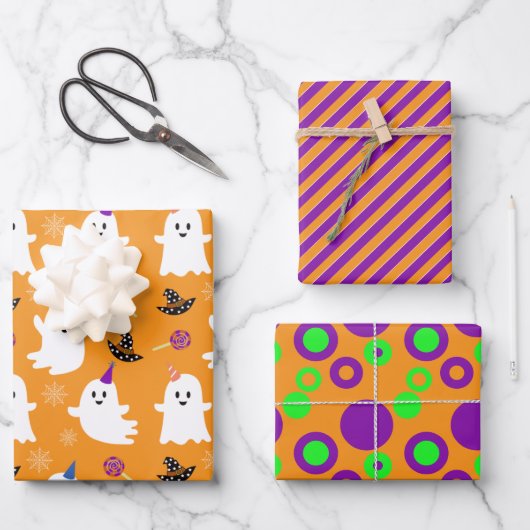 Halloween Oranje Ghost Cute Stripes Stippen Kind Inpakpapier Vel (Voorkant)