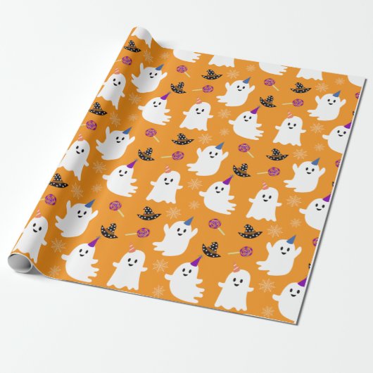 Halloween Oranje Kawaii Ghost Wrapping Paper Cadeaupapier (Uitgerold)