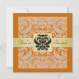 Halloween Oranje Masker Damask Gold Invitation Kaart