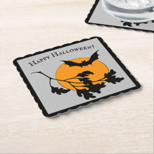 Halloween Oranje Moon Flying Bats Kartonnen Onderzetters