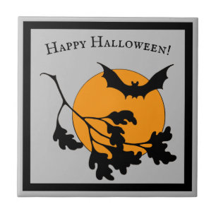 Halloween Oranje Moon Flying Bats Tegeltje