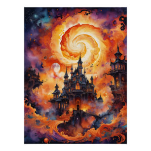 Halloween Oranje Nacht Castle Perfect Poster