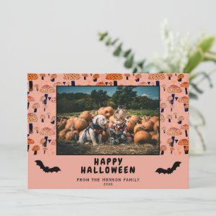 Halloween Oranje Paddenstoel Zwarte Vleermuis Herf Feestdagenkaart